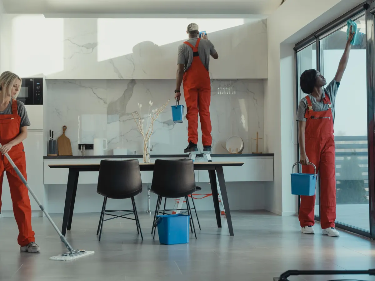Cleaning professionals in orange uniforms cleaning a modern kitchen and dining area