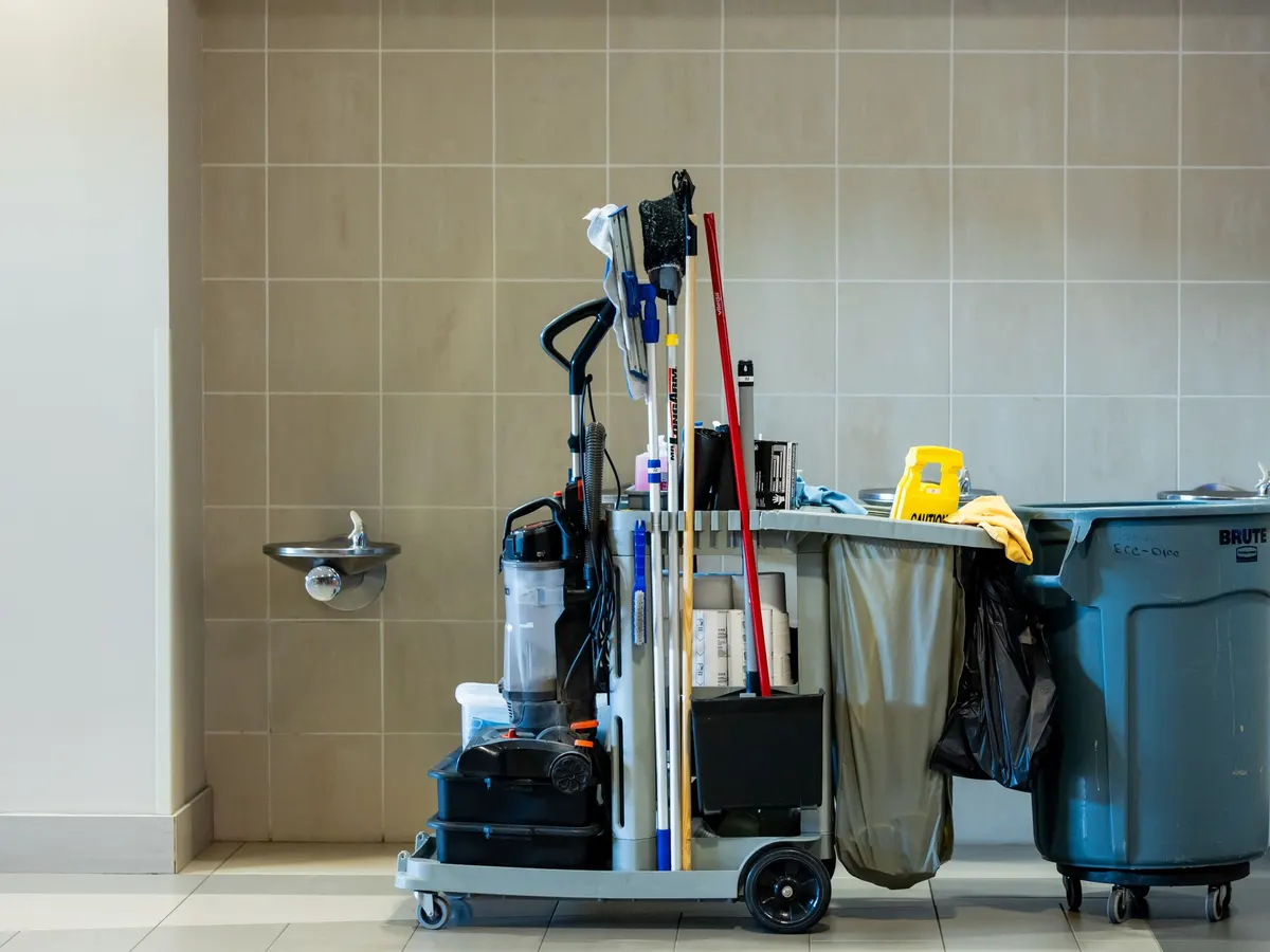 Janitorial cart with cleaning supplies